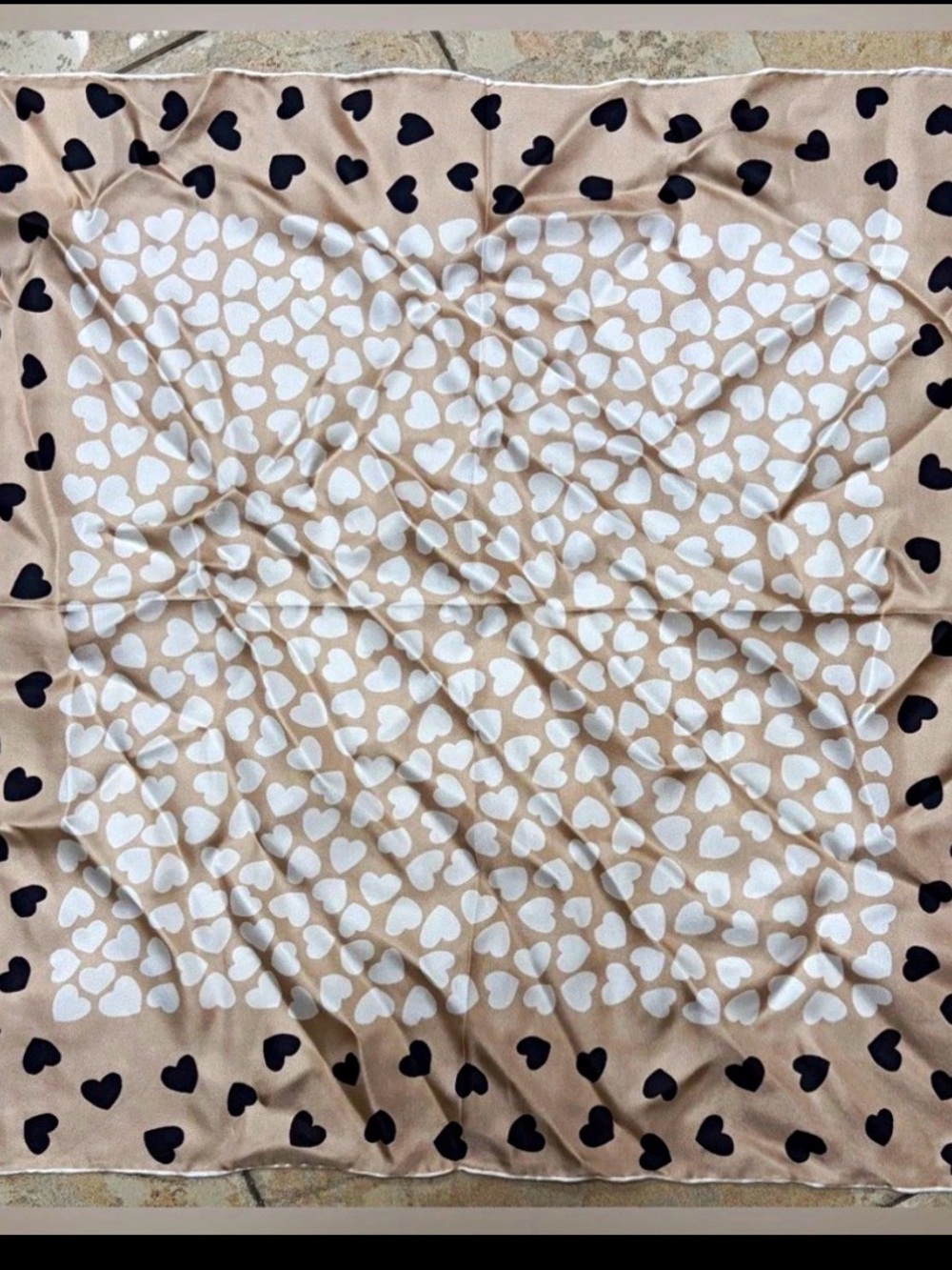 Kate Spade New York Women's Silk Satin Square Scarf Hearts Beige Black White
